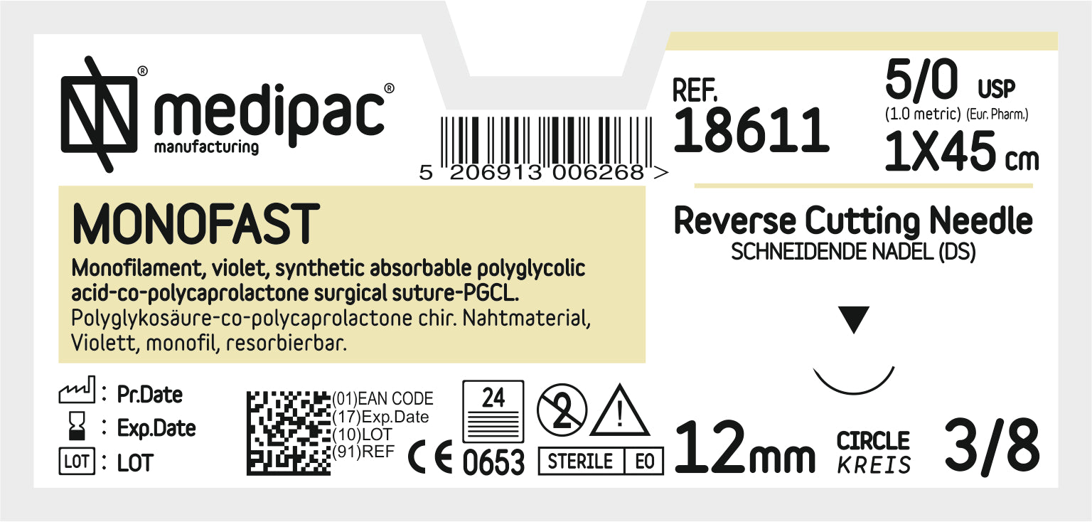 MONOFAST 5/0 45cm 12mm 3/8 circle, reverse - 24 Pack