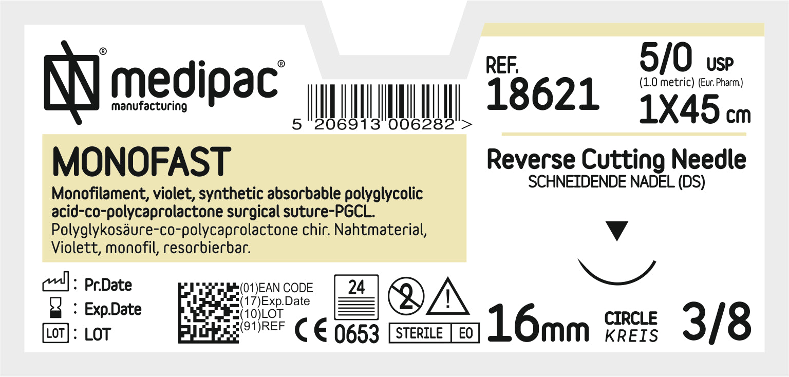 MONOFAST 5/0 45cm 16mm 3/8 circle, reverse - 24 Pack