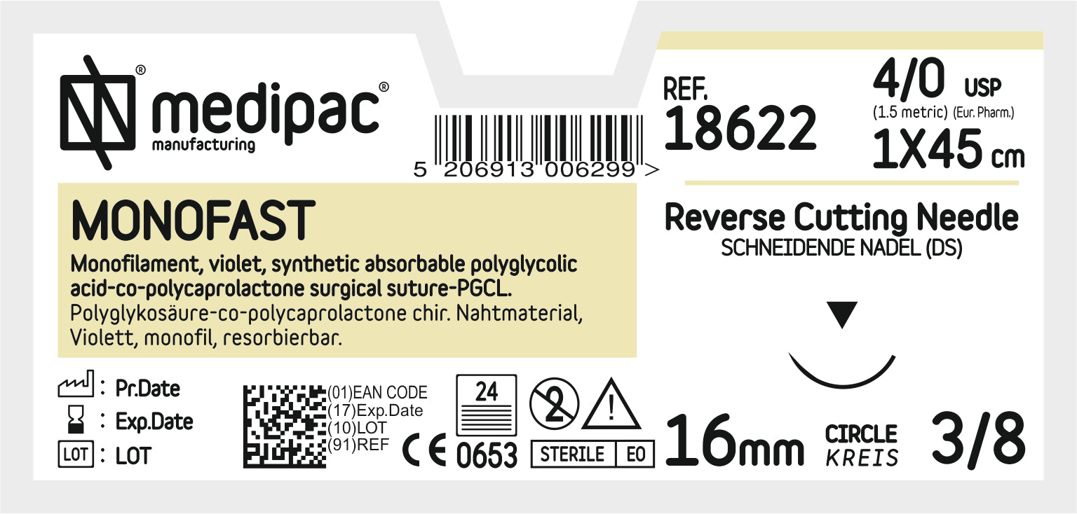 MONOFAST 4/0 45cm 19mm 3/8 circle, reverse - 24 Pack